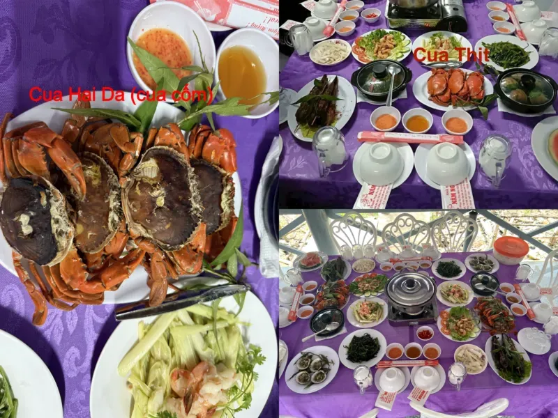 Guests having dinner in Cape Ca Mau with the famous Hai Da crab. Other companies only offer meat crab, which is of lower value