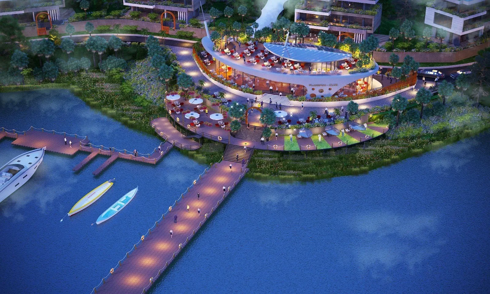 Amenities at Flamingo Majestic Island Resort including marina, golf course, restaurants, and water sports