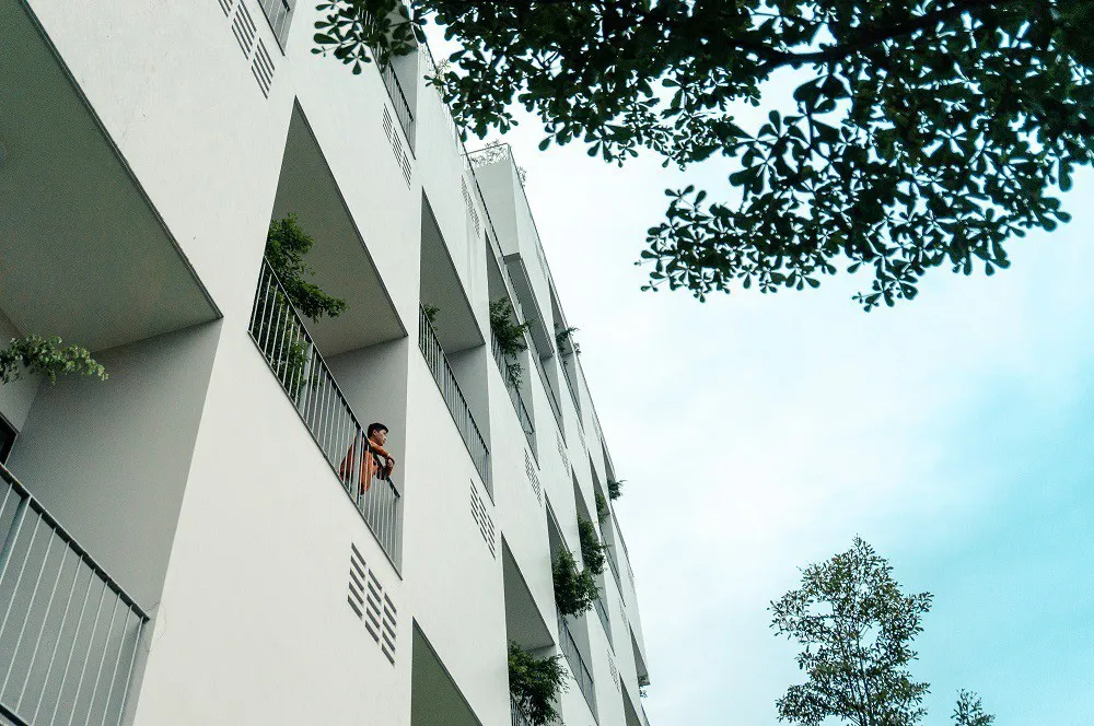 The Alpha building at FPT University, resembling a dragon with gently sloping stacked cubes.