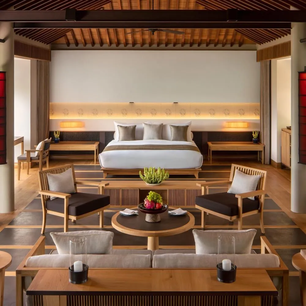 Panoramic view of Amanoi nestled amidst the trees of Nui Chua, Ninh Thuan, with refined architectural style