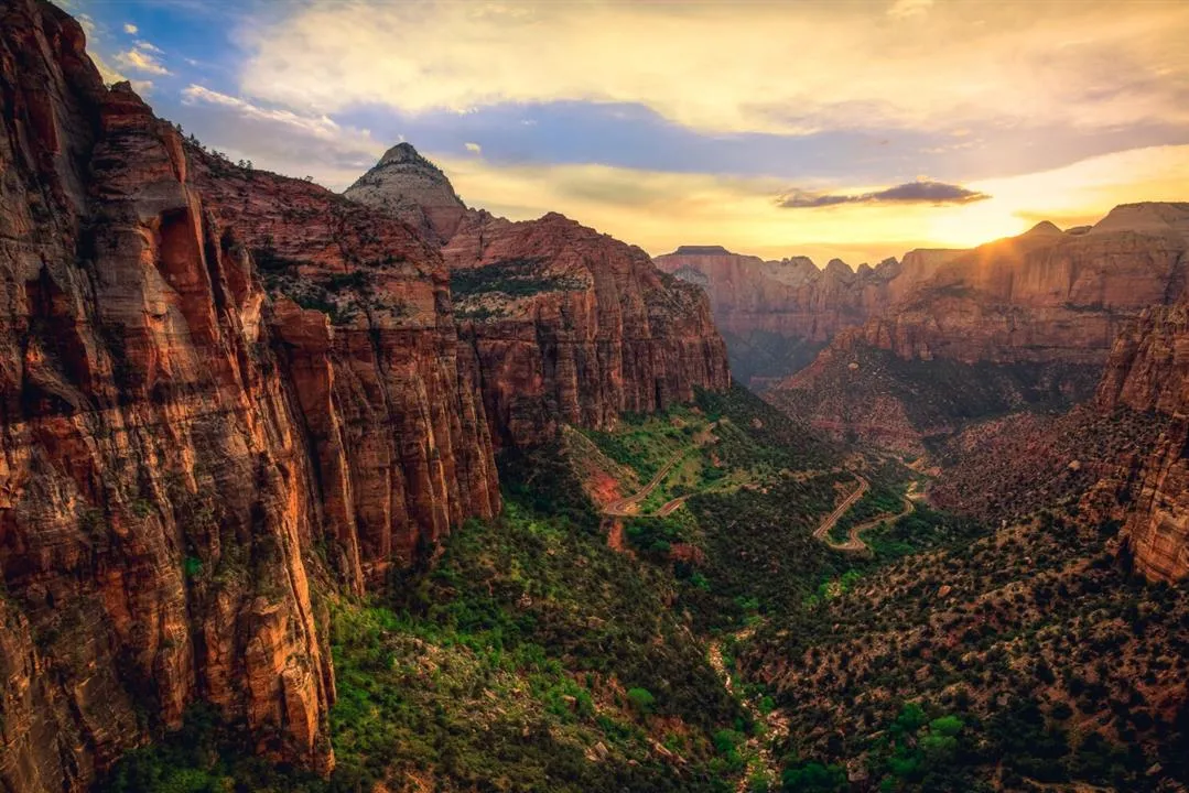 Panoramic view of Zion National Park, Utah, showcasing majestic red rock canyons and the winding Virgin River