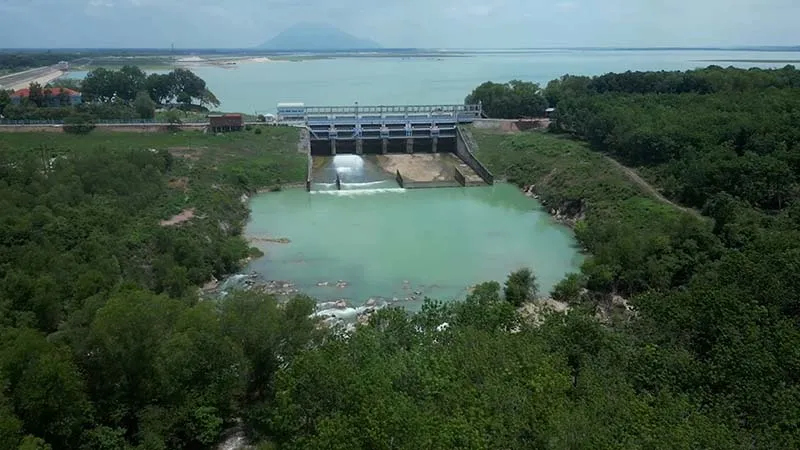 Panoramic view of Dau Tieng Lake dam from above
