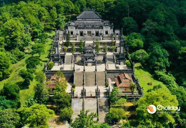Panoramic view of Khai Dinh Tomb in Hue, Vietnam, showcasing its unique architecture.