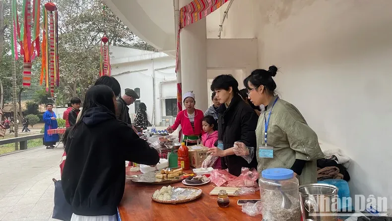 Visitors interacting with a digital display showcasing Tet traditions at the Vietnam Museum of Ethnology
