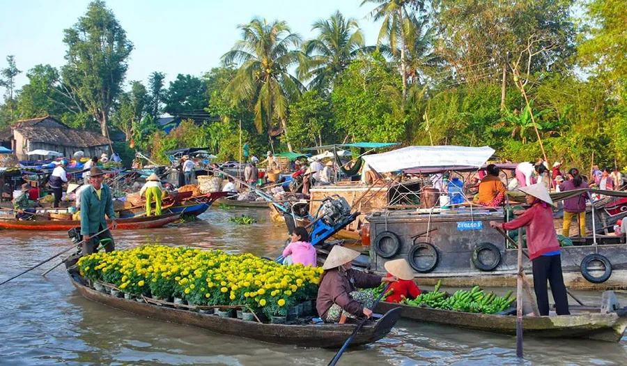 Unique river trading culture at Nga Nam Floating Market in Soc Trang