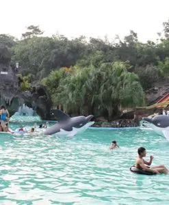 Families enjoying the water park at Nui Coc Lake, Thai Nguyen