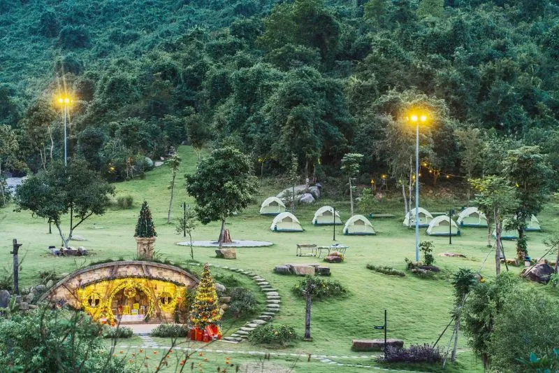 Organic vegetable garden in Cuc Phuong National Park, Vietnam, where visitors can learn about organic agriculture in a primeval forest environment.