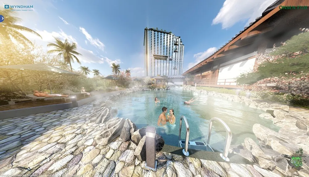 Outdoor onsen area and green space at Wyndham Lynn Times Thanh Thuy